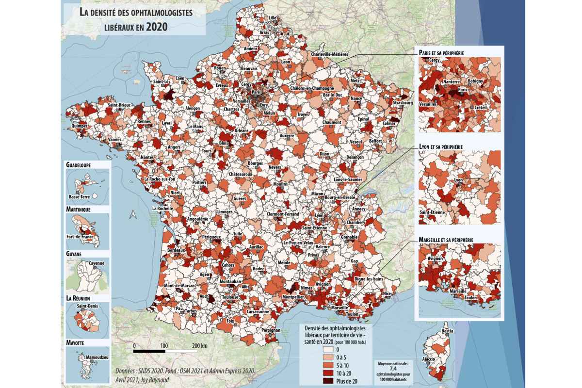 Carte: densité des ophtalmologistes en France en 2020