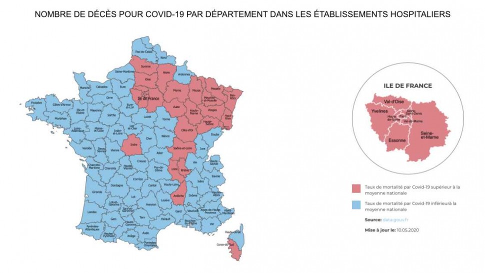 Carte de France de la mortalité à l'hôpital par la COVID