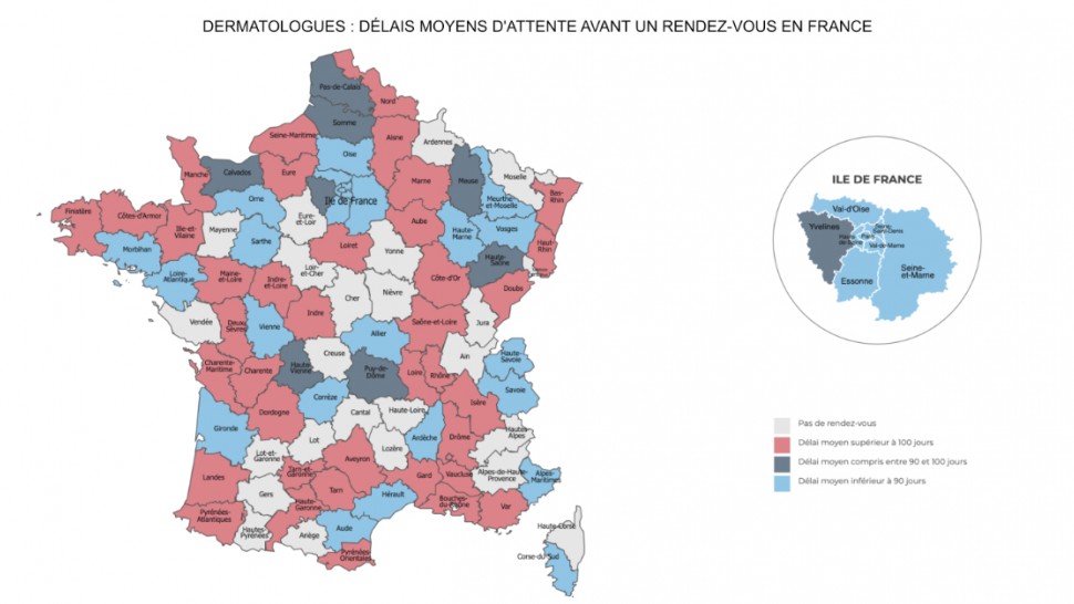 Image carte de france avec délais d'attente en dermatologie