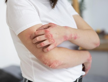 Patiente atteinte de psoriasis en plaques sur les avant-bras