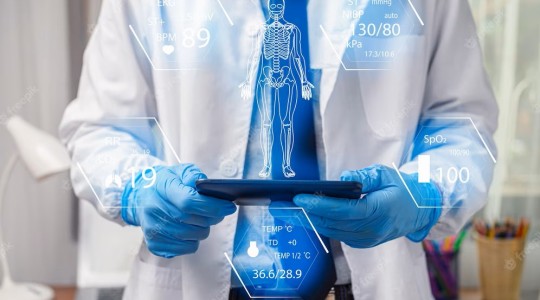 médecin tenant un ordinateur port avec l'image du corps humain